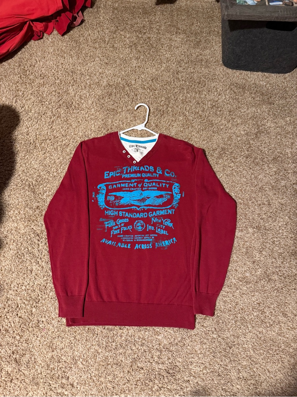 Epic Threads Men's Burgundy V-Neck Sweater with Teal Graphic